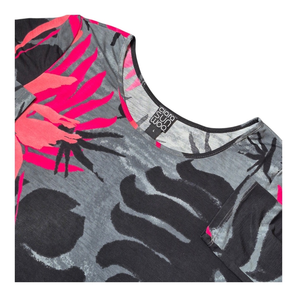 Clara Sun Woo Women L Tunic Top Tropical Floral Asymmetrical Hem 3/4 Sleeve USA